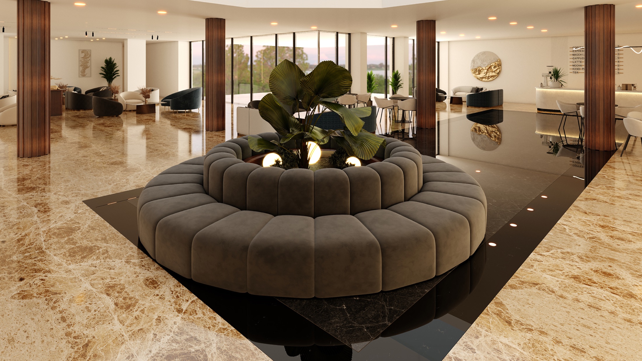 Metropolitan Al Mafraq Hotel: central seating island — Portfolio visual / Brevart UAE