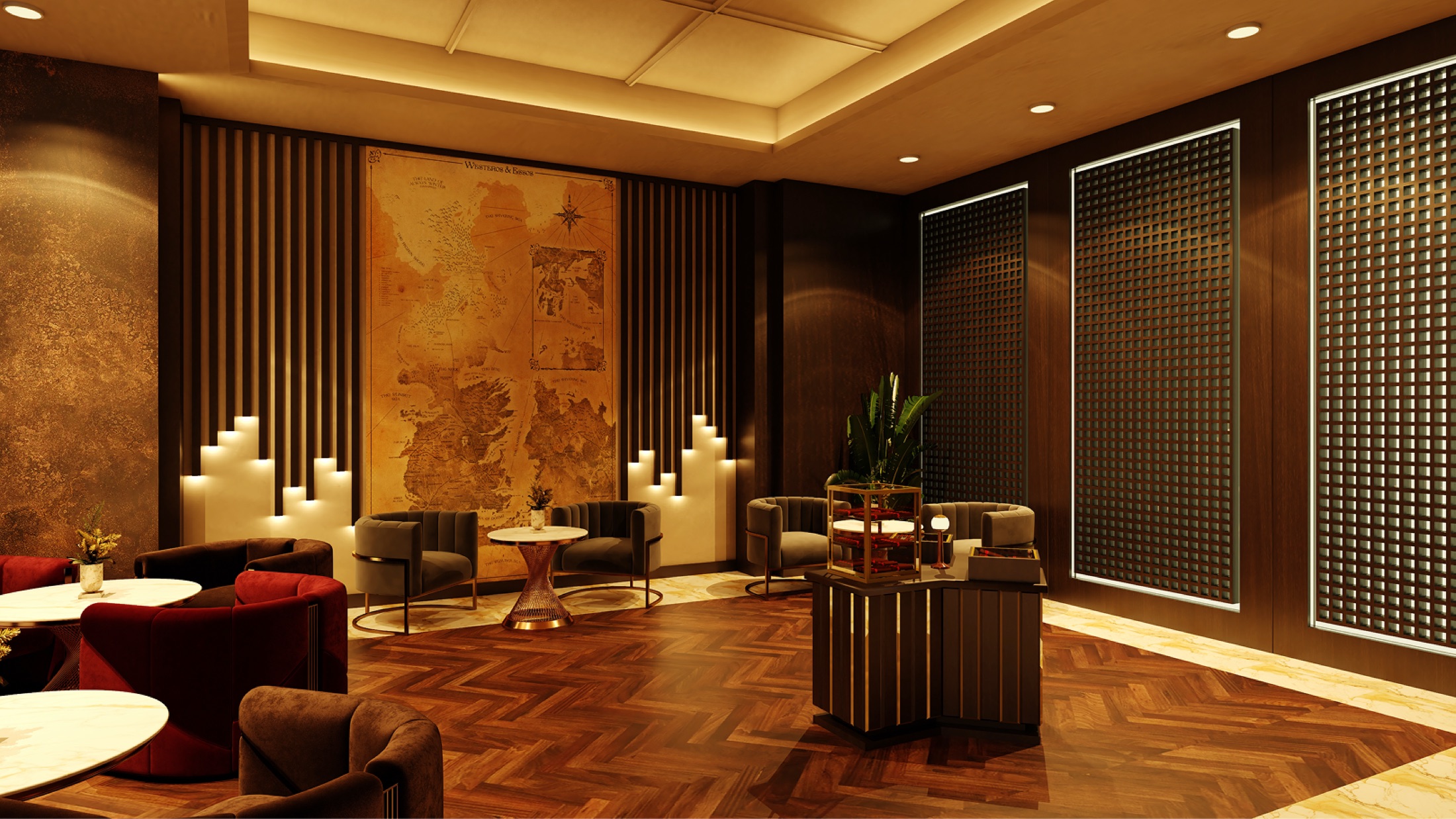 Westeros Cigar Lounge: lounge seating — Design visualisation / Brevart UAE