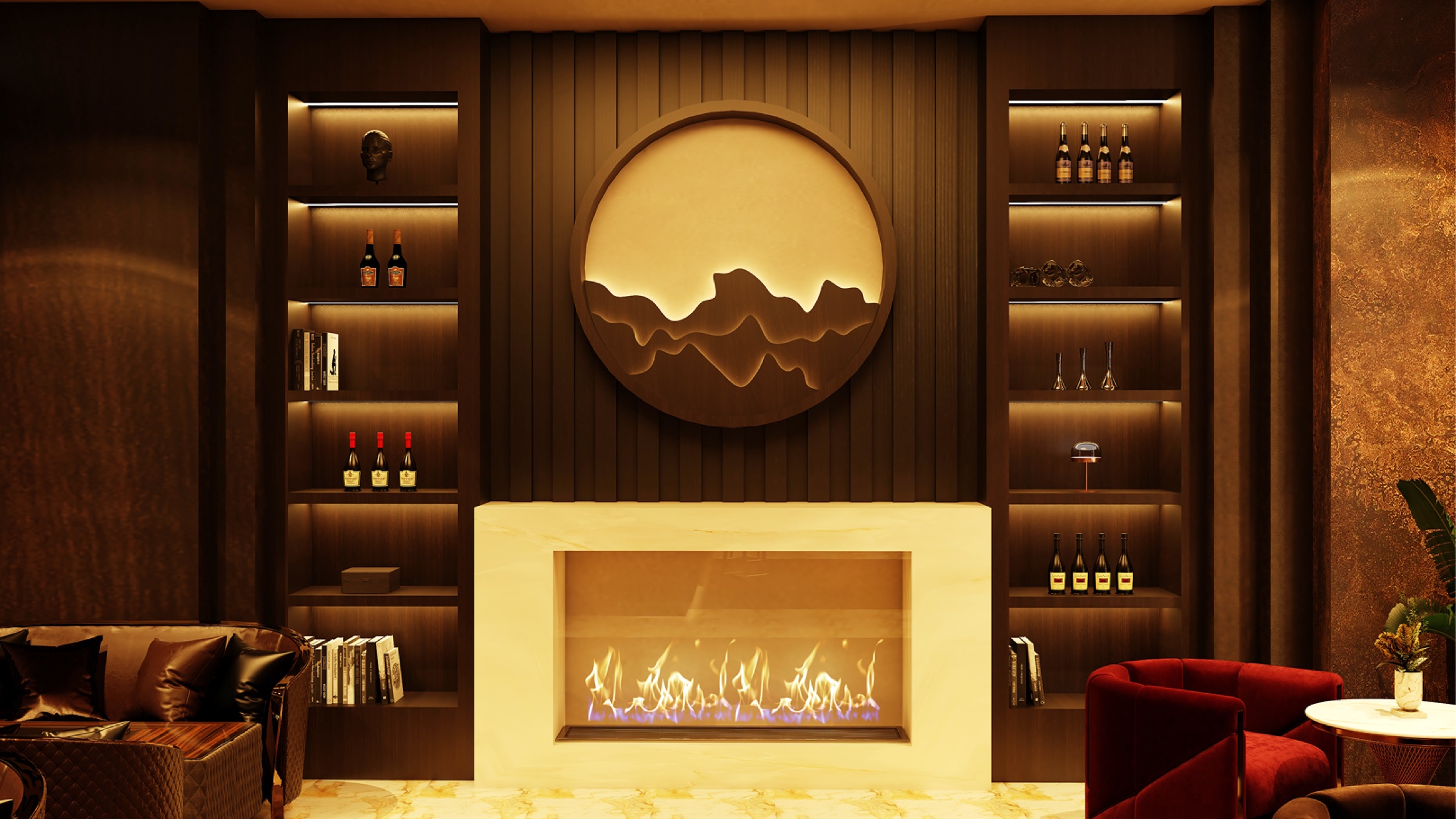 Westeros Cigar Lounge: fireplace detail — Design visualisation / Brevart UAE